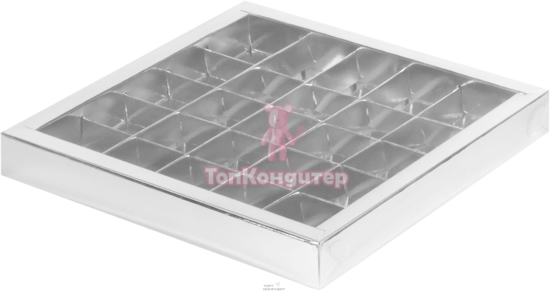 Коробка на 25 конфет 24,5 см*24,5 см*3 см с пластиковой крышкой серебро