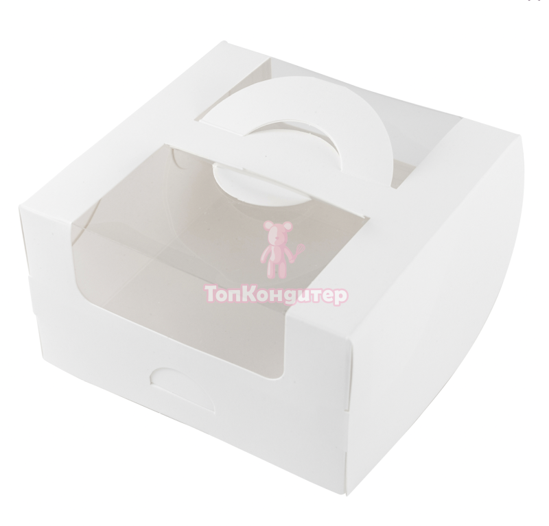 Коробка для бенто-торта с ручками с окном белая 140х140х80 мм