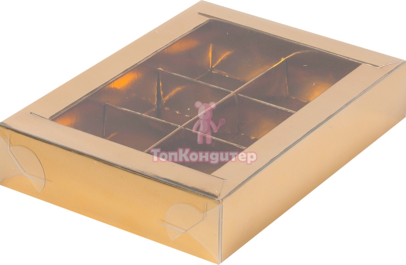 Коробка на 6 конфет 15,5 см*11,5 см*3 см с пластиковой крышкой золото
