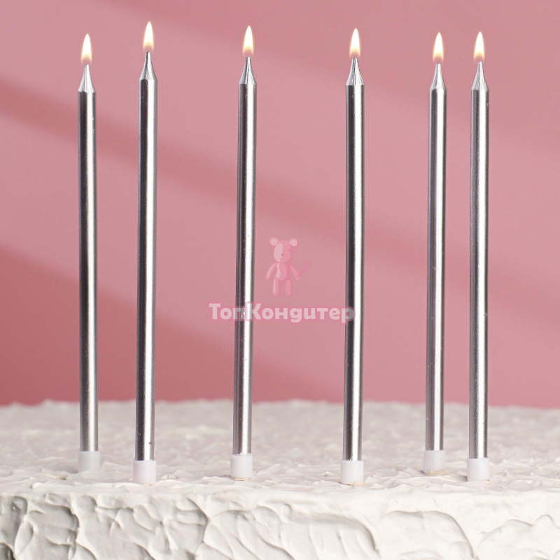 Свечи в торт "Ройс", 6 шт, высокие, 13 см, серебристый металлик
