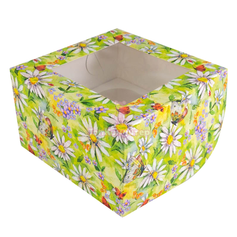 Коробка на 4 капкейка с окном "Акварельные ромашки"